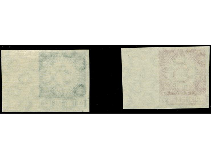 1918, Essays von Gertrud Kleinhempel mit der Bezeichnung "5" (Pfg.), 2 ungezähnte Werte in dunkelgrün bzw. rot auf Papier mit
