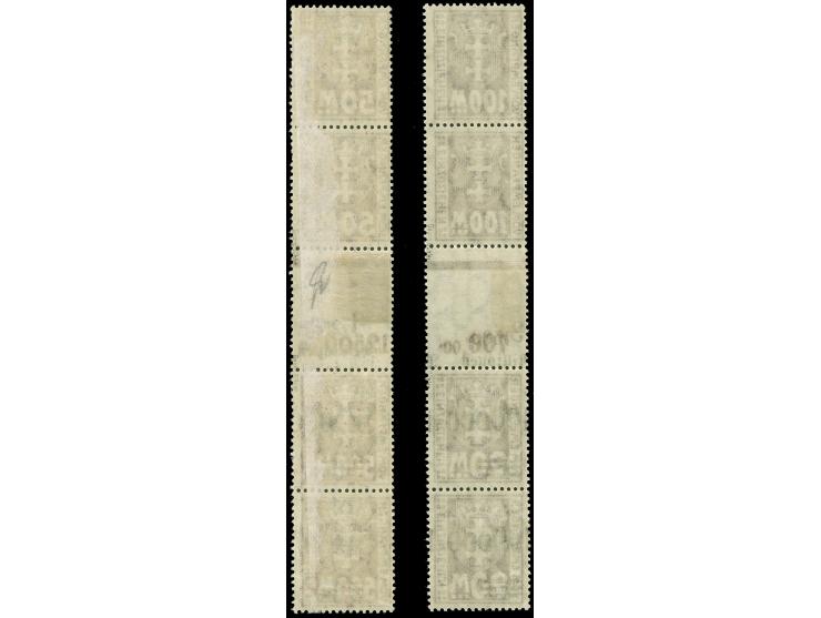 1923, 50 m. und 100 M. je im Zwischensteg-4er-Streifen mit Aufdruckausgabe 50000 auf 500 M. bzw. 100000 auf 20 M., ungebrauch