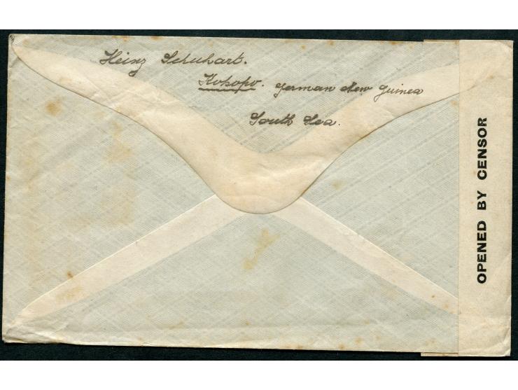 1915, N. W. PACIFIC ISLANDS: Kangaroo 2½ d. indigo (SGT6c, ‘SS’ large tail) tied by RABAUL cds. to cover with censor strip an