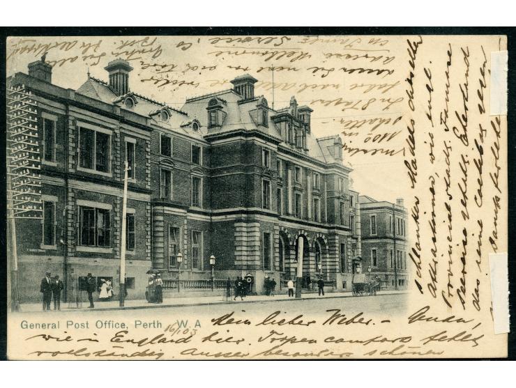 1903, ½ d. green and 1 d. carmine tied to postcard (General Post Office Perth) by PERTH WA JA/17/03 cds. via Singapore to Bat