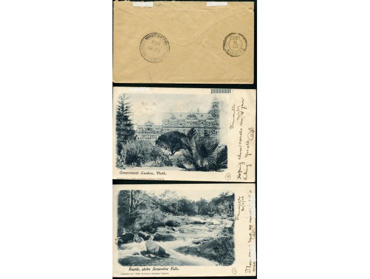1903, two postcards and one cover bearing ½ d. green and 1 d. carmine tied by duplex 'FREEMANTLE WA PO' cds. via Singapore to