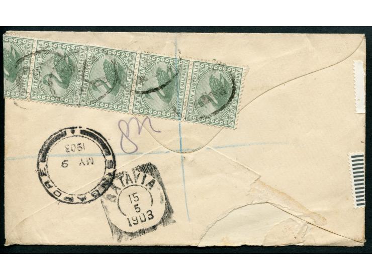 1903, 11 stamps ½ d. green tied to registered cover by large “R”, violet boxed 'REGISTERED FREEMANTLE 20 APR 1903 WA' ds. alo