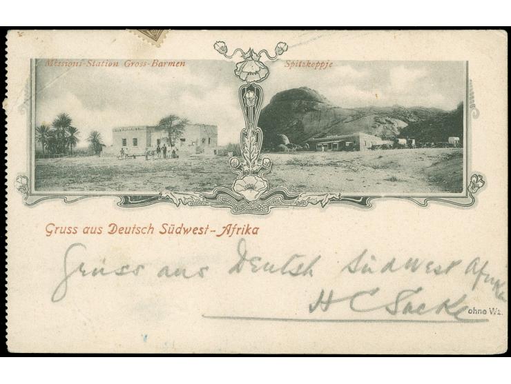 "DSP LINIE DEUTSCH-SÜDWESTAFRIKA CAPSTADT 26 8/0 2", zwei Abschläge auf senkrechtem Paar 1900, 3 Pfg. (teils um den Rand gekl