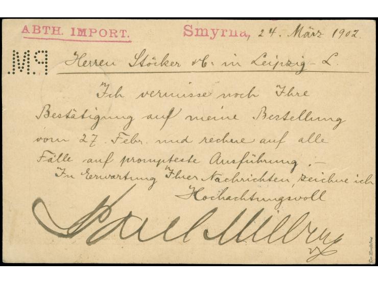 1900, Karte 20 Para mit Firmenlochung "P.M.", mit Stempel "SMYRNA 24/4 02" nach Leipzig, mit Ankunftstempel&nbsp;