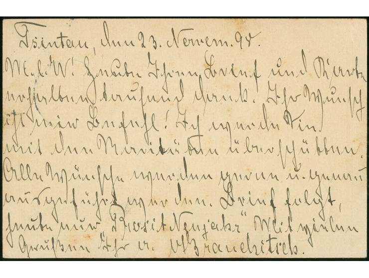 1897, Karte 'Nur für Marine-Schiffsposten' 10 Pfg. mit Stempel "TSINTAU CHINA 24/11 98" nach Gross-Särchen, mit Ankunftsstemp