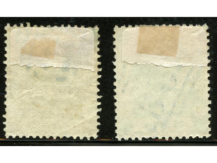 1862, Victoria first issue 8 c. yellow-buff and 24 c. green without watermark, both with B62 cancels, few short perfs, otherw