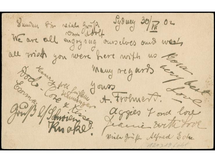 1897, INCOMING MAIL: New South Wales Karte 1 d., mit EKr. “SYDNEY 5-30-AM 02” per Postdampfschiff an ein Mitglied der S.M.S. 