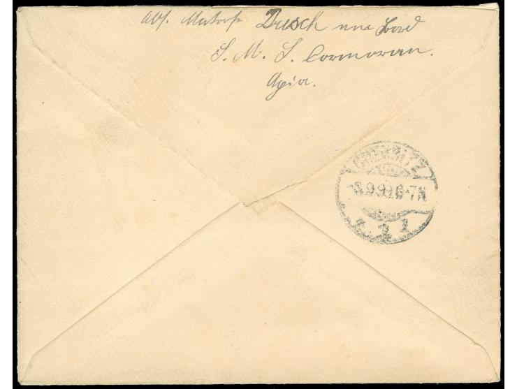 “KAIS. DEUTSCHE MARINE SCHIFFSPOST No. 8 11 8 99”, EKr. auf- und nebengesetzt auf Krone/Adler 10 Pfg. lebhaftlilarot als Mitl
