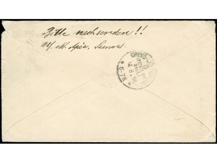 1899, Krone/Adler 20 Pfg. violettultramarin, senkrechtes Paar auf portogerechtem Brief der 2. Gewichtsstufe mit EKr. “APIA / 
