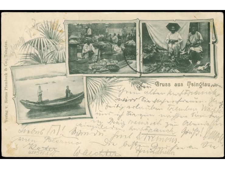 “TSINGTAU / KIAUTSCHOU a / 29 10 / 00”, EKr. sauber auf Feldpost-Ansichtskarte an die S.M.S Comoran in Apia mit Tax-, Durchga