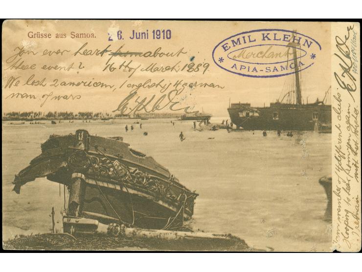 1900, Kaiseryacht 3 Pfg., 5 Pfg. und 10 Pfg., auf Ansichtskarte von “APIA / SAMOA / 27.6.01” mit Vermerk “via AUSTRALIEN.” na