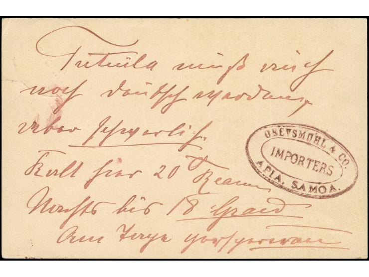 1901, Karte 5 Pfg., von “APIA / KAISERL. DEUTSCHE / POSTAGENTUR / 1 8 / 00” nach Kleinfurt mit vorders. Ankunftsstempel, rück