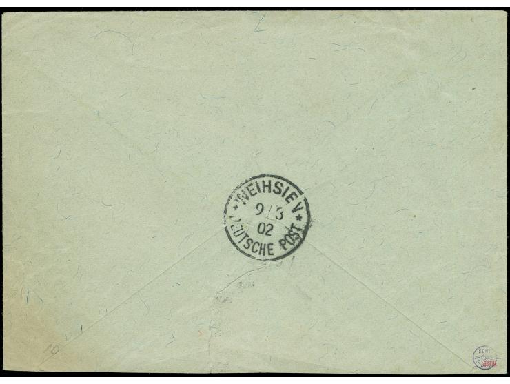 “TSINGTAU - WEIHSIEN / BAHNPOST / ZUG 1 / 9/8.02” auf Kaiseryacht 10 Pfg. auf Brief, rückseitig Durchgangsstempel von Weihsie