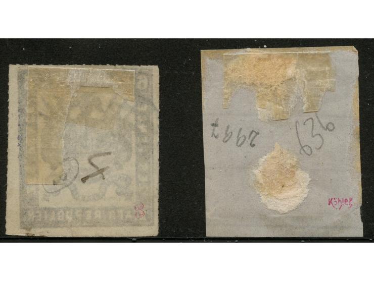 1875-77, Typographed by J.F. Celliers 6 d. blue, thin, semi-pelure paper, target cancelled in black, double signed Thier. Add