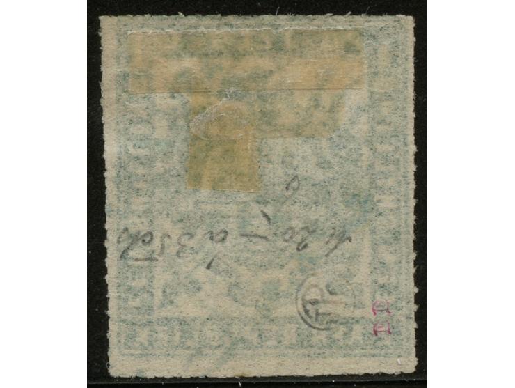 1872-74, Transvaal First Republic Issues Borrius: 1 sh. green, fine roulette on thin transparent paper, light blue cancelled,