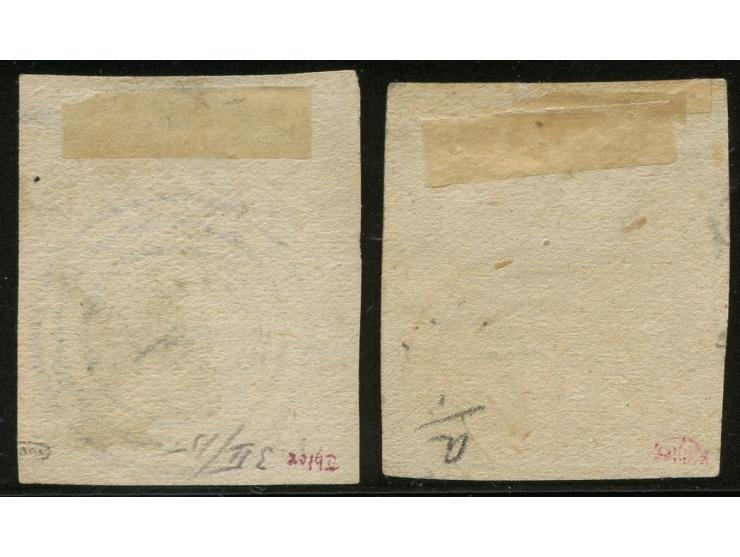 1877, New Printings on coarse soft white paper: two stamps 6 d. blue and 6 d. dull blue, both imperforate, optd. type 4 in bl