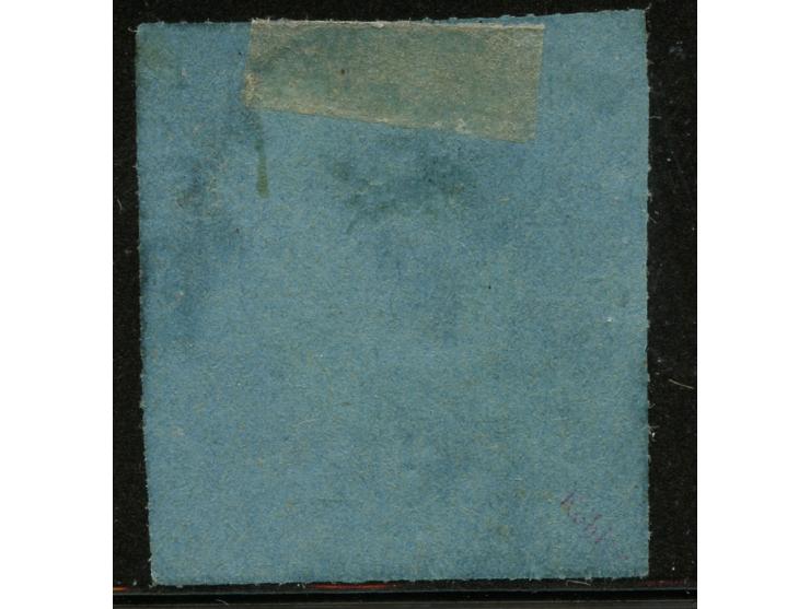 1878, “V.R. / Transvaal” new printings on blued paper: 6 d. blue on blued, rouletted 15½-16, Setting III, used with large mar