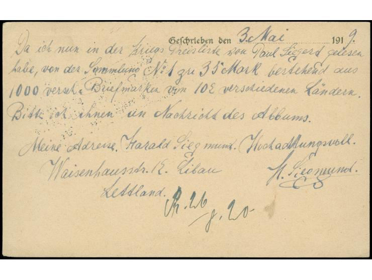 1919, 10 kop. tied by cds. “LEEPAJA 4.5.19” to postcard to Hamburg with Königsberg censor mark