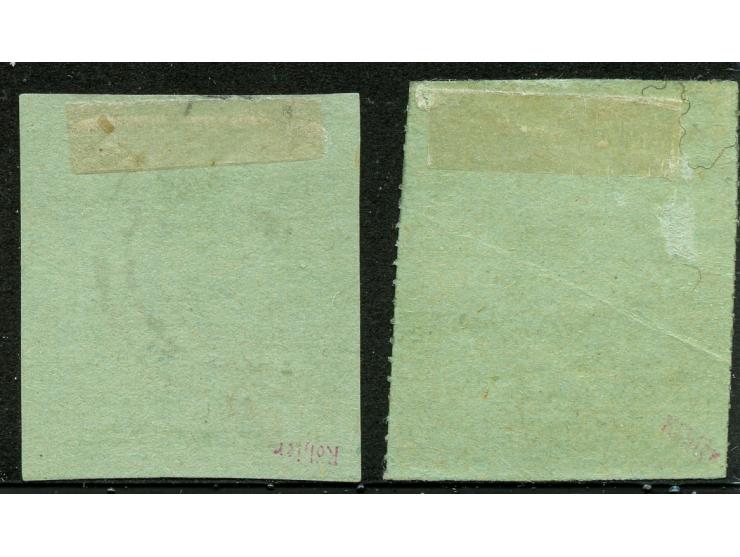 1879, “V.R. / Transvaal”: New Printings on green paper, two stamps 3 d. mauve on green, perforate and imperforate, each optd.