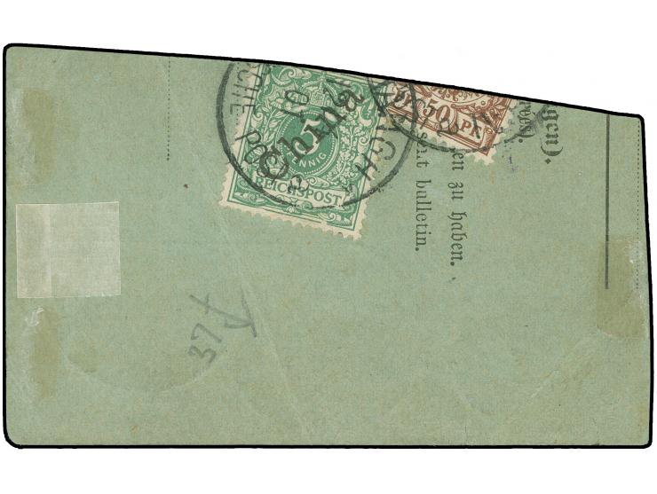 1890/1891, 2 M. dunkelrotkarmin, drei senkrechte Paare, sauber gestempelt “SHANGHAI a DP / 12/4 01” auf Paketkartenabschnitt,