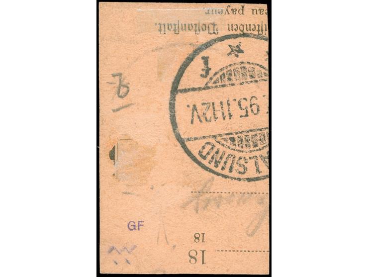 1890/1901, Krone/Adler 25 Pfg. gelblichorange, senkrechtes Paar, sauber gestempelt auf Postanweisungs-Briefstück, unterer Wer