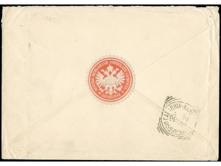 1901, Germania 40 Pfg., senkrechtes Paar als portogerechte Mehrfachfrankatur auf R-Fernbrief &nbsp;von “SHANGHAI / DP a / 19/