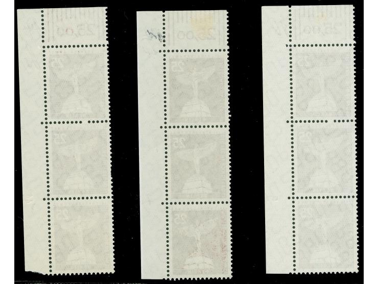 1956, Stadtbilder 25 Pfg., drei senkrechte Dreierstreifen jeweils aus der rechten oberen Bogenecke mit Druckerzeichen “5”, “7