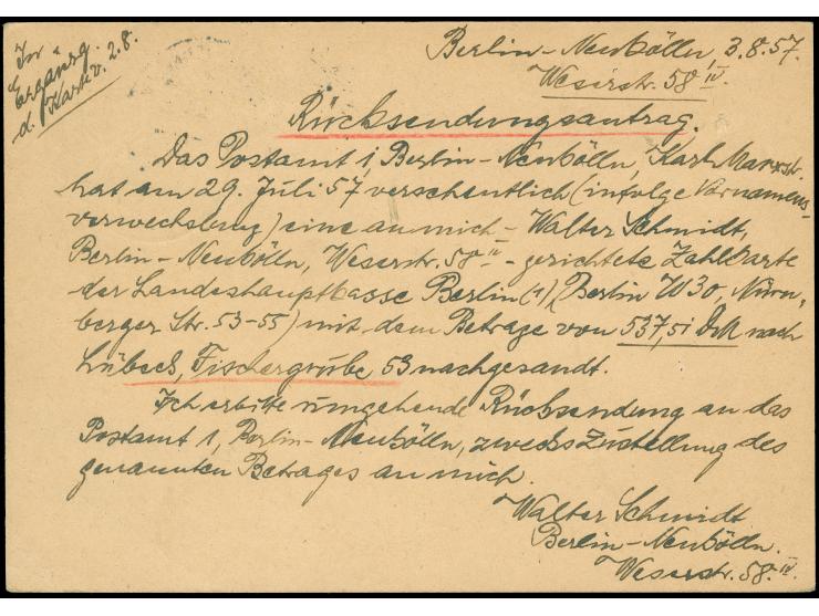 1953, Luftpost-Sonderkarte 15 Pfg. mit handschriftlichem Vermerk “Rücksendungs-Antrag” von “BERLIN-NEUKÖLLN 1 3.8.57” mit der