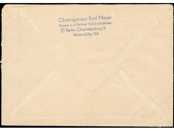 1949, Rotaufdruck 30 Pfg. und Bauten 5 Pfg. mit Stempel “BERLIN-CHARLOTTENBURG 2 23.10.49” auf Luftpostbrief mit handschriftl
