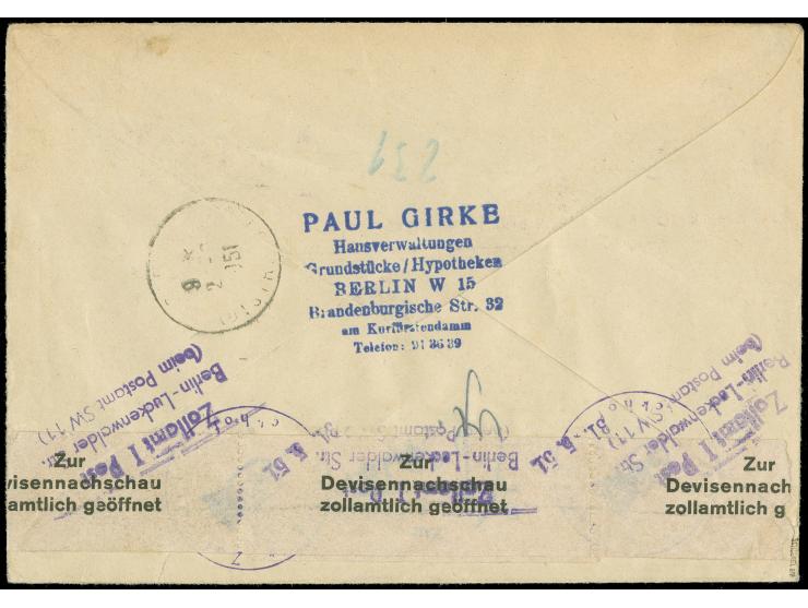 1949, Stephan 1 M. und Bauten 40 Pfg. je mit Stempel “BERLIN W15 17.5.51” als tarifgerechte Frankatur auf R-Luftpostbrief bis