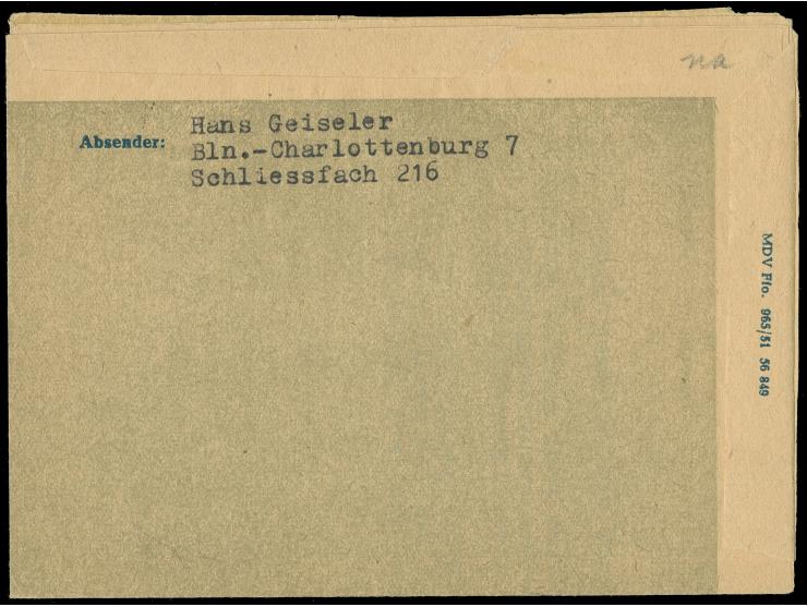 1949, Bauten 50 Pfg. mit Stempel “BERLIN-CHARLOTTENBURG 2 10.9.55” als portogerechte Einzelfrankatur auf Luftpostleichtbrief-