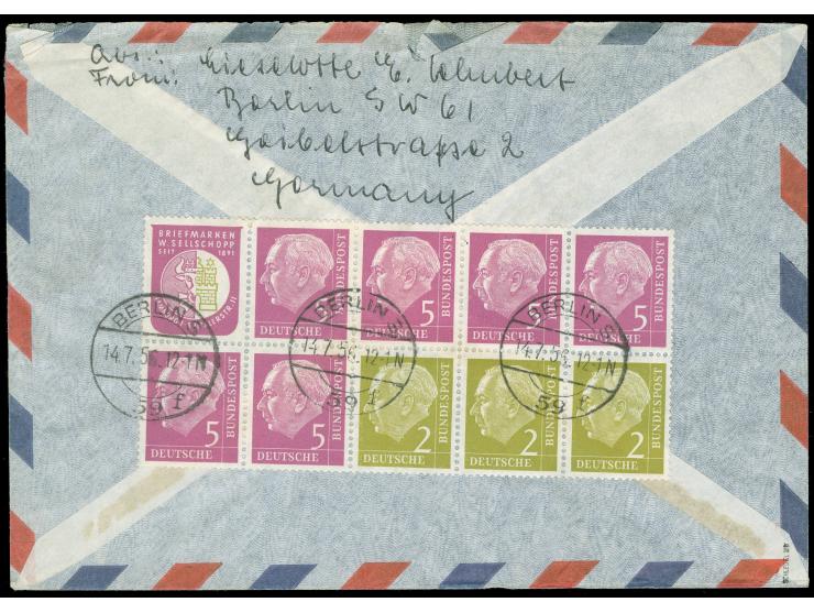 Besonderheiten: 1956, zwei verschiedene Heuss Heftchenblätter ohne Rand je mit Stempel “BERLIN S59 14.7.56” als portogerechte