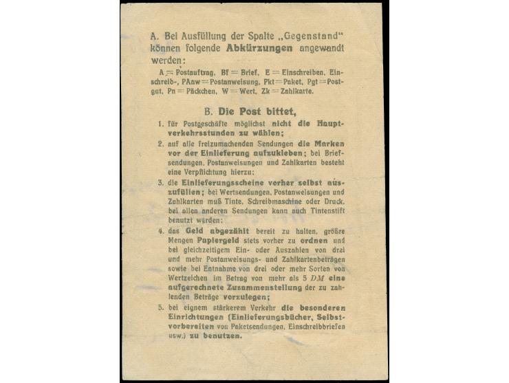 1949, Bauten 15 Pfg. mit Stempel “BERLIN SO36 15.3.52” auf Posteinlieferungsschein für zwei Luftpostpakete, kleine Spuren