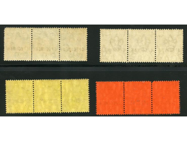 1906/12, set of four values to £1 unused, mint never hinged strips of three, wmk. multiple script CA, all overprinted SPECIME