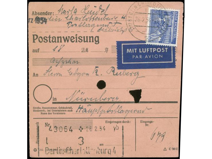 1949, Bauten 30 und 5 Pfg. je mit Stempel “BERLIN-CHARLOTTENBURG 4 26.2.54” vorder- und rückseitig auf Luftpost-Postanweisung
