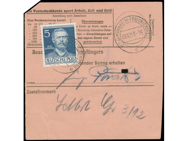 1949, Bauten 80 Pfg. und Berühmte Männer 5 Pfg. je mit Stempel “BERLIN-CHARLOTTENBURG 9 2.12.53” vorder- und rückseitig auf L