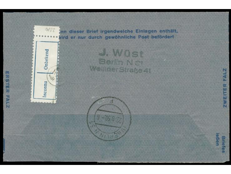 1949, Luftpostfaltbrief 60 Pfg. orangerot auf außen dunkelgraugrünem Papier mit Zufrankatur Währungsgeschädigte 10 und 30 Pfg