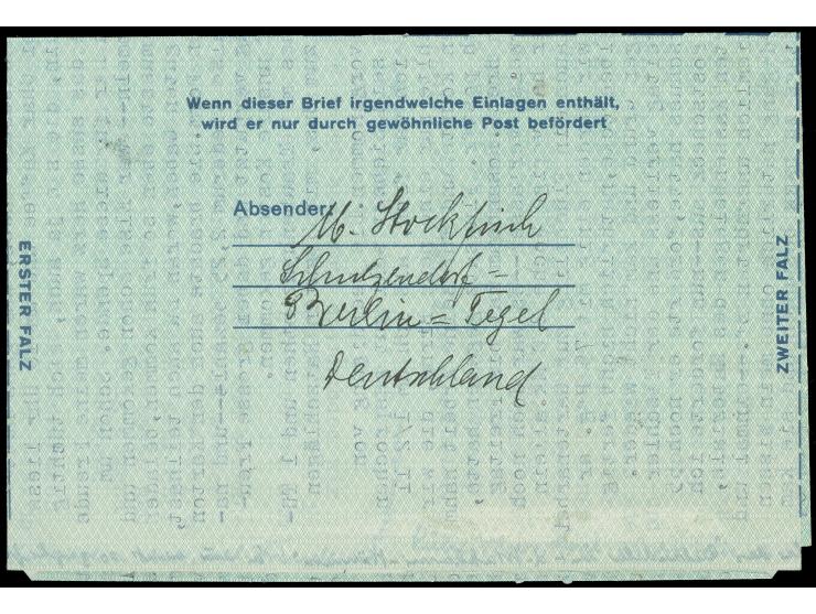 1953, Luftpostfaltbrief 60 Pfg. mit Stempel “BERLIN-WILMERSDORF 2 11.5.55” mit Portostempel “T” (60 c.) und viel Text nach Bo