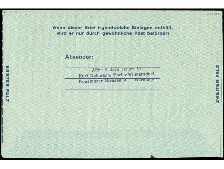 1953, Luftpostfaltbrief 60 Pfg. mit Zudruck und rotem Stempel “1. Direkte Luftpost Berlin-Djarkarta 12.April 1954” sowie Post
