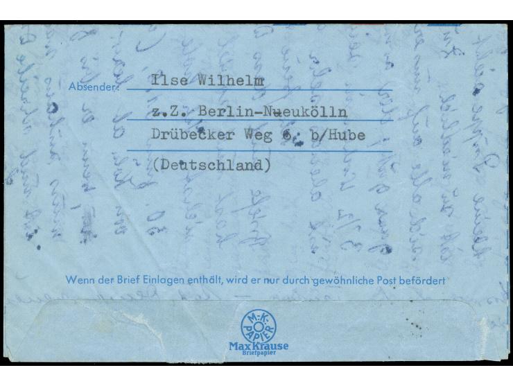 1956, Stadtbilder 10 Pfg., sechs Einzelwerte mit Stempel “BERLIN ZENTRALFLUGHAFEN b 23.8.57” auf Vordruck-Luftpostleichtbrief