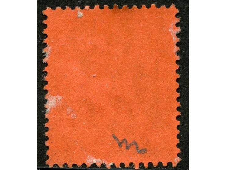 1904/09, KEVII Spavin Flaw: 1 d. purple and black on red, unused, this moderate flaw is a broken frame at right of the crown.