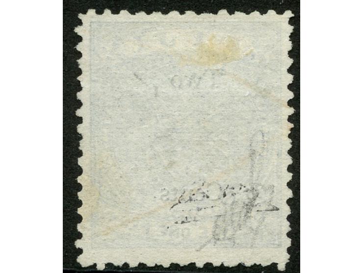 1874, Overprinted at “The Polynesian Gazette” Levuka: 2 c. on 1 d. blue, overprinted Gothic V.R. (Type 5) in black, a used ex