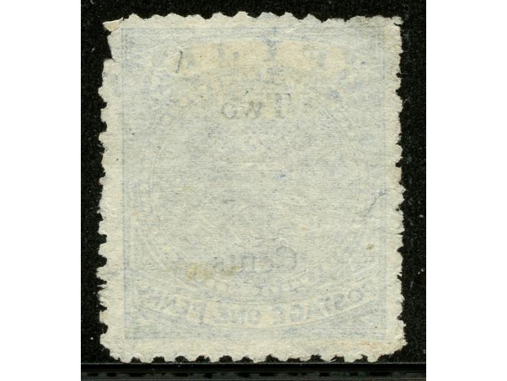 1874, Overprinted at "The Polynesian Gazette", Levuka: 2 c. on 1 d. blue overprinted Roman "V.R." (Type 6) in black, variety 
