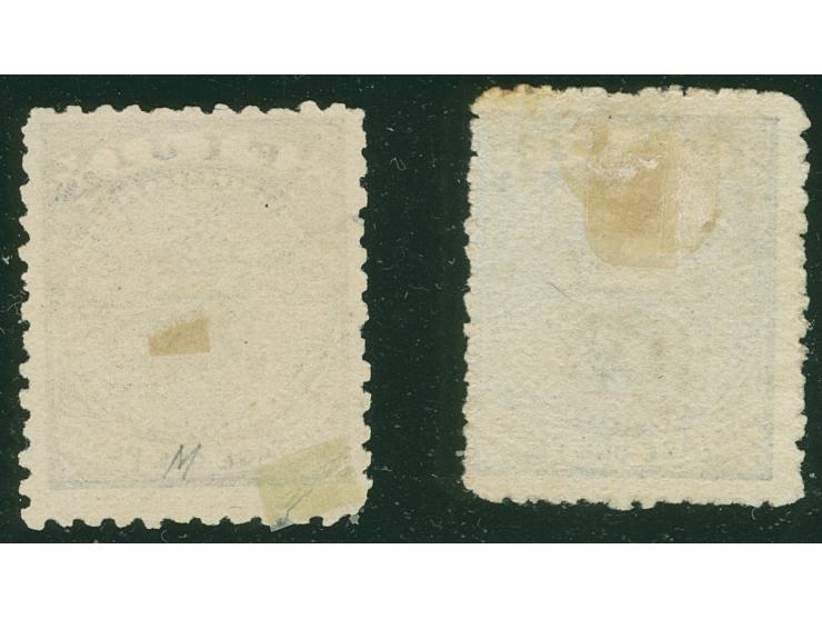 1876/77, Govt. Printing: 1 d. dull blue, perf. 12½ and 1 d. grey-blue, perf. 11 (SG unrecorded, corner flaw at bottom left) o