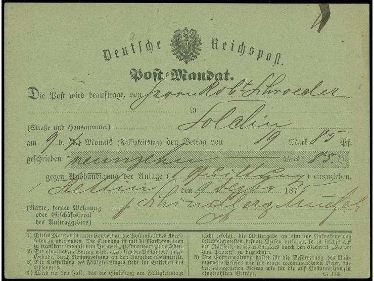 “SOLDIN ** 10.12.75” sehr klar als Ankunftsstempel rückseitig auf grünem Post-Mandat-Formular über 19 M. 85 Pfg. aus Stettin,