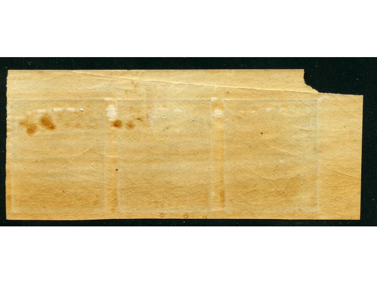 1876, On paper lithographed “VR”: 1 d. blue in a greyish shade on wove paper, an unused horizontal strip of three from the Pr