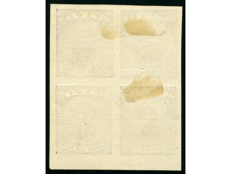 1876, On paper lithographed “VR”: 1 d. blue in a greyish shade on wove paper, an unused bottom margin block of four from the 