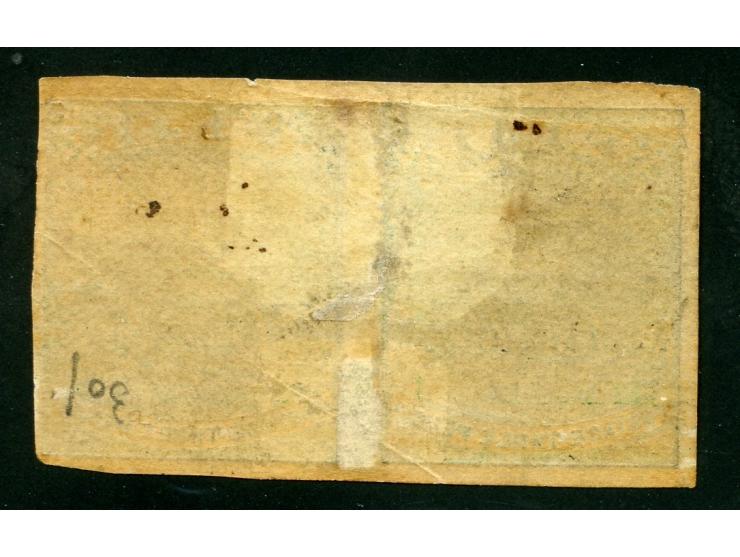 1876, On paper lithographed “VR”: horizontal pair 2 d. on 3 d. pale green on wove paper from the Printer's Waste / Trial shee