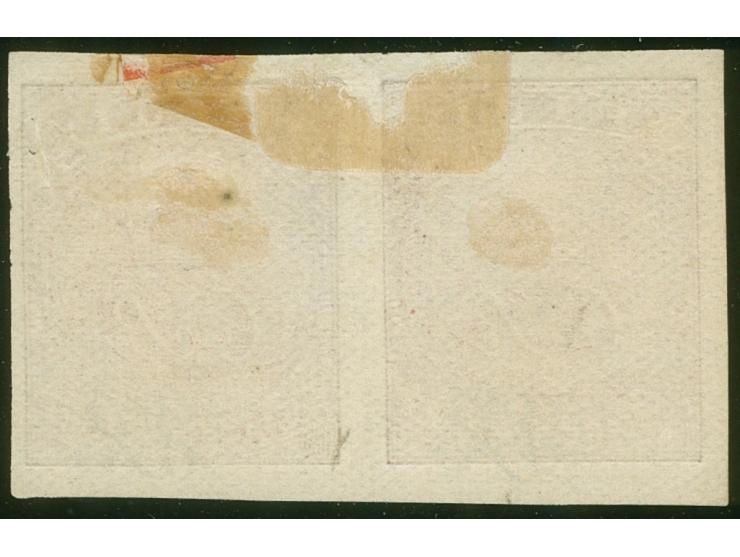 1876, On paper lithographed “VR”: pair 6 d. light carmine-rose on wove paper from the Printer's Waste / Trial sheets, imperfo