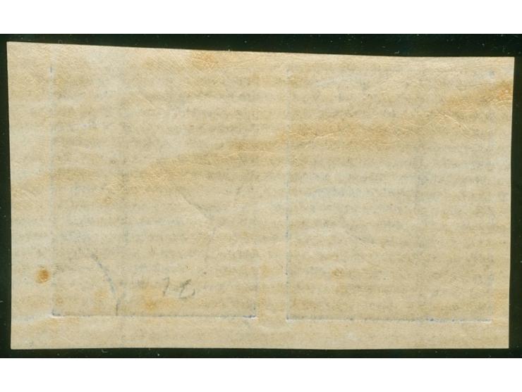 1876, On paper lithographed “VR”: pair 1 d. blue on laid paper from the Printer's Waste / Trial sheets, imperforated, deep im